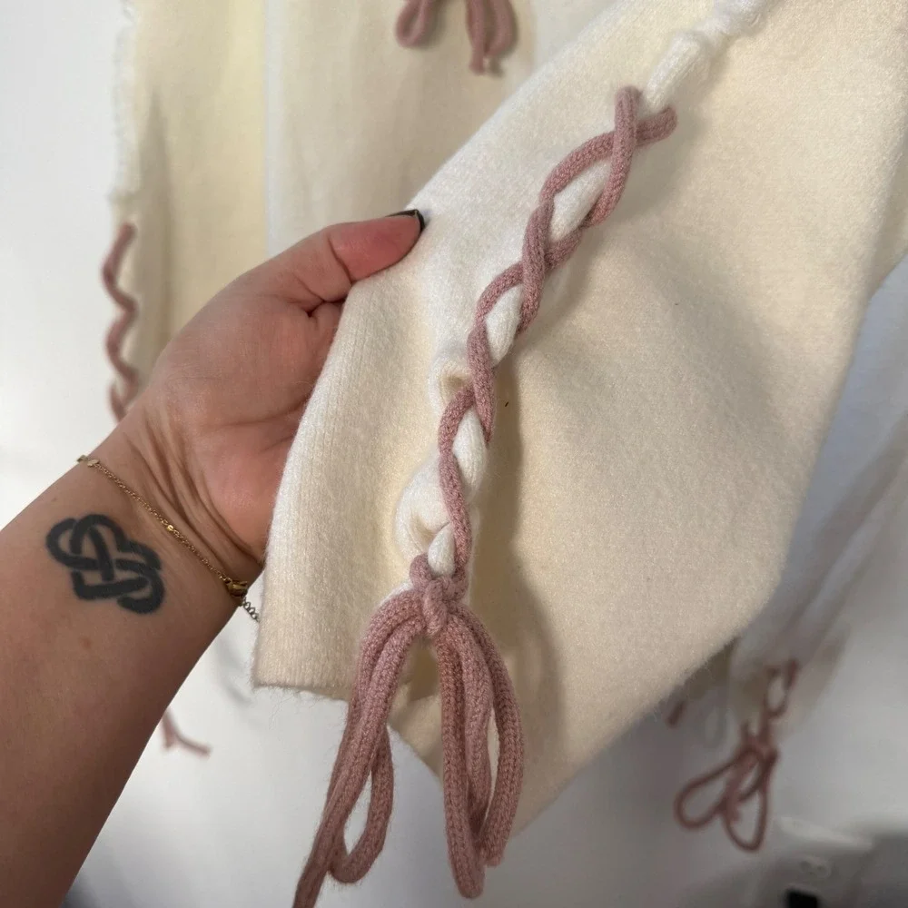 POL Cream Distressed Lace‎ Up Oversized Knit Sweater Pink Cord Detail S